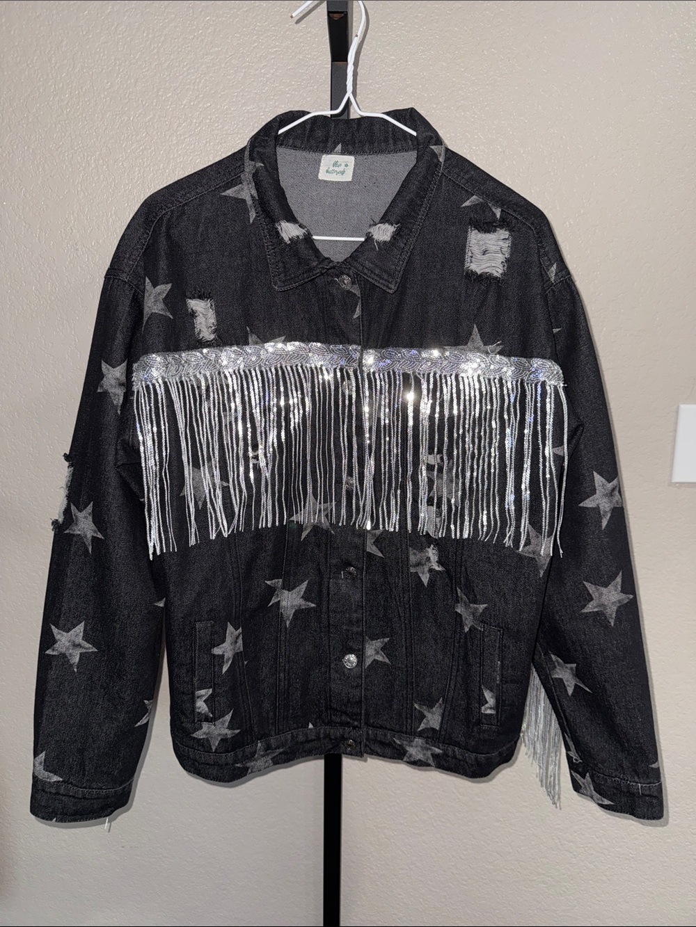 Blue Buttercup Black Silver Fringe and Star Jean Jacket Distressed Large